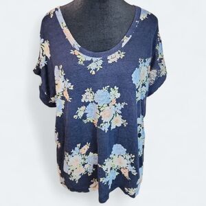 LOFT | Cottagecore Navy Floral Short Sleeve Linen Soft Girl Plus Size Top | XL